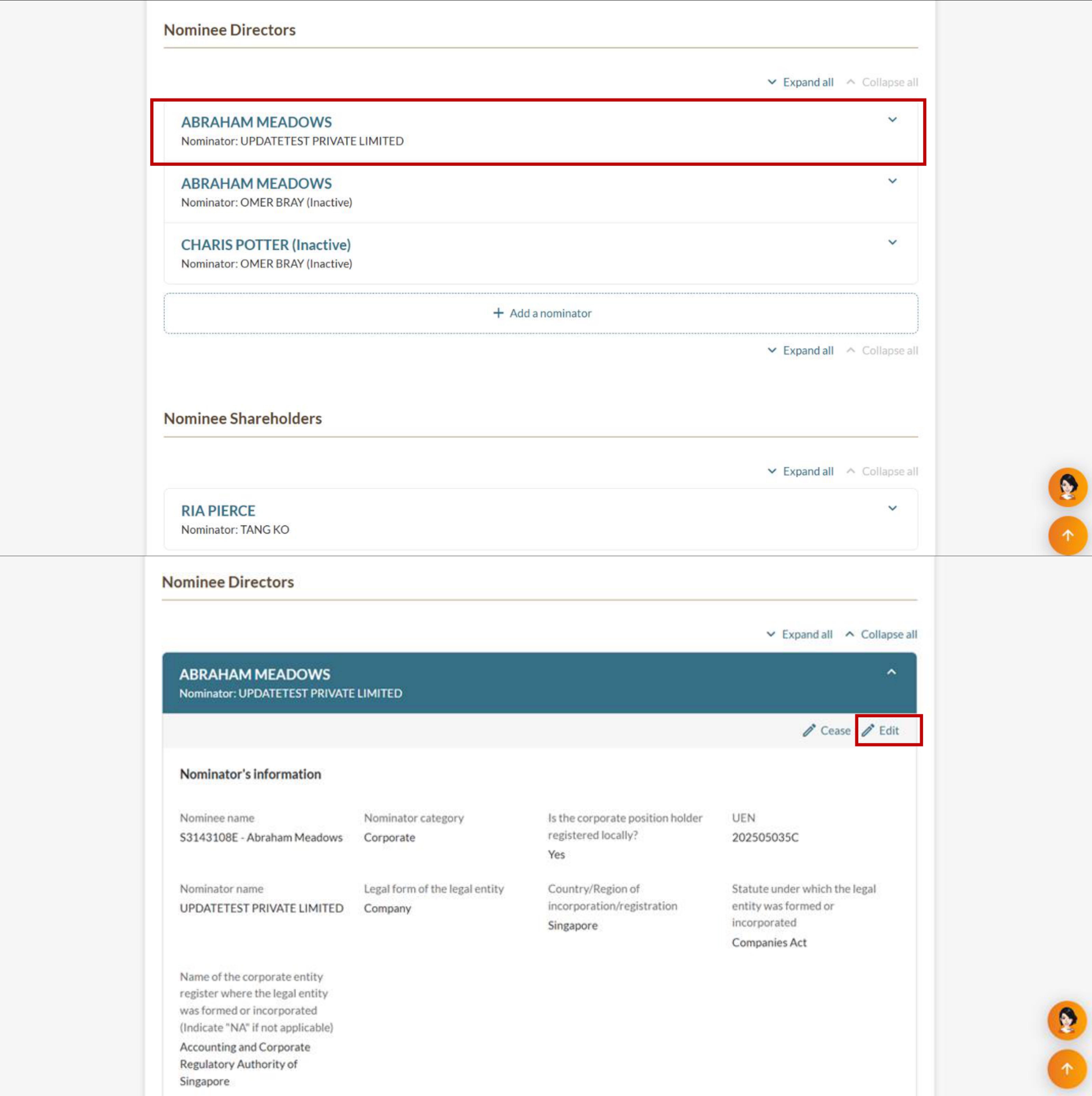 Nominee Directors section with an expanded nominee entry and the Edit button